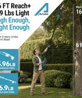4 In 1 Cordless Pole Saw And Precision Pruner Combo 16 Foot Telescopic Reach, user trimming branches of a tree.