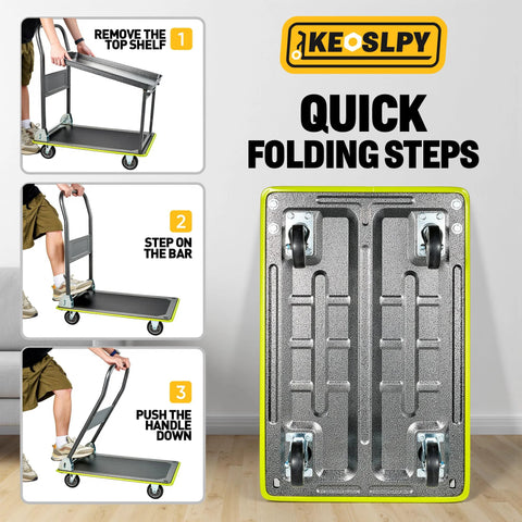 Quick folding steps for upgraded 700 lbs capacity push cart dolly with foldable platform, shown with clear instructions for users.