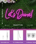 Lets Dance Neon Sign Pink LED Word Light for Weddings and Parties, Bar Decor, Acrylic Backboard, USB Cord, Hooks