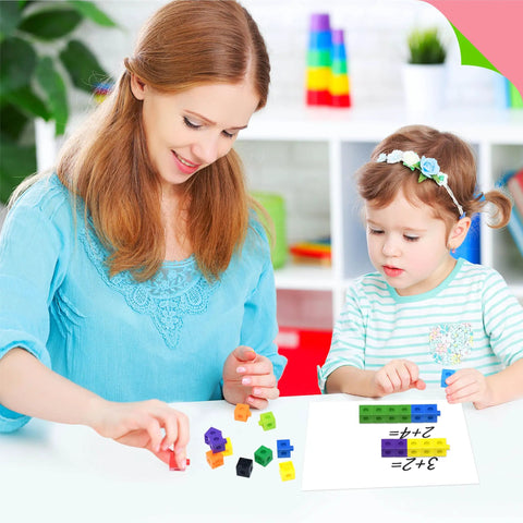 Child and adult using 100 Piece Math Linking Cubes Set In 10 Bright Colors For Early Math, Counting, Building, Creativity