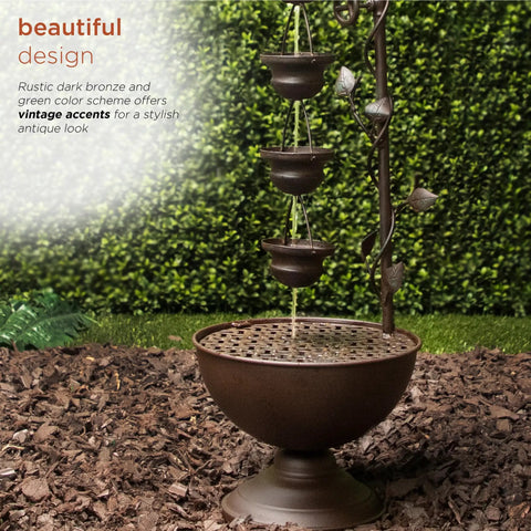 Outdoor Floor Tiered Vintage Water Fountain With 6 Hanging Cups And Soothing Tier Waterfall For Patio Or Garden, 38 Inch Bronze Decor