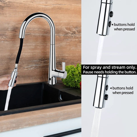 Touchless Kitchen Faucet With Pull Down Sprayer And Motion Sensor Hands Free Tap High Arc Chrome Finish 1 Or 3 Hole Install Deck Plate Ready Easy Mount Kitchen Faucet For Modern Homes in kitchen setting showing stream and spray modes.