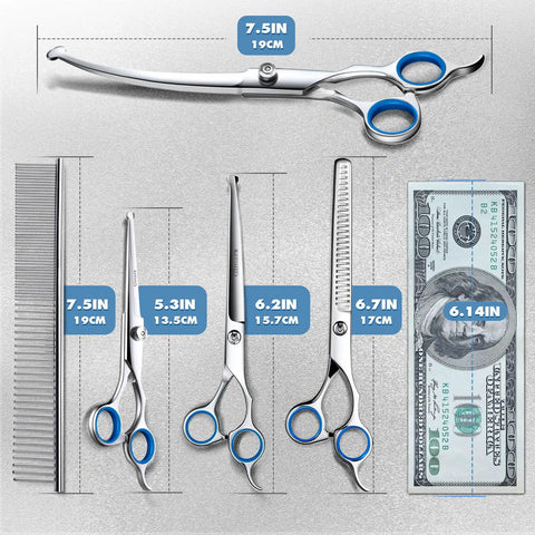 Titanium Coated Pro 6 In 1 4CR Stainless Steel Dog Grooming Scissors With Safety Round Tip Heavy Duty Pet Grooming Shears For Dogs Cats And Other Animals, 7.5in kit parts