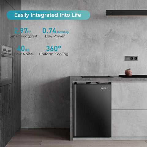 No Drama 3.0 Cu Ft Upright Mini Freezer With Single Door, Reversible Hinge, Black Compact Chill Zone in kitchen with modern decor.