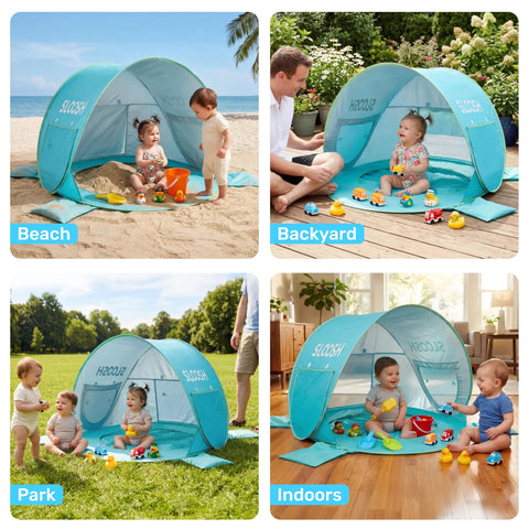 Baby Beach Tent Pop Up Shade Pool With UPF 50 UV Protection Sun Shelter used at beach, backyard, park, and indoors with children.
