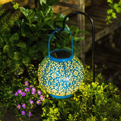 Teal Blue Solar Lantern Outdoor Garden Light 7.9 Inch Waterproof Metal Table Lamp Auto On Off For Patio Yard Decor in garden setting