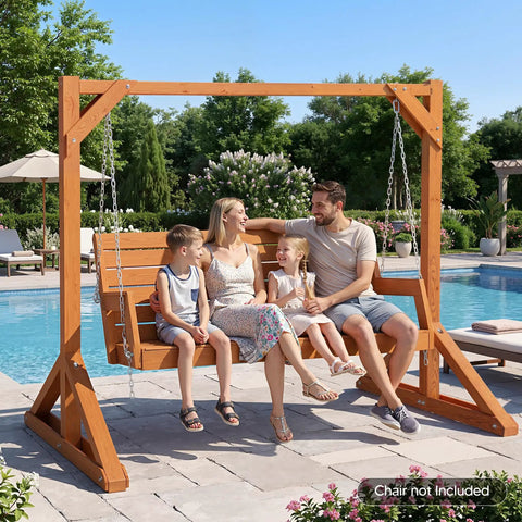 Heavy Duty Wooden Swing Frame For Outdoors With 800 Lb Capacity, brown weatherproof wood, adults and kids seated by pool