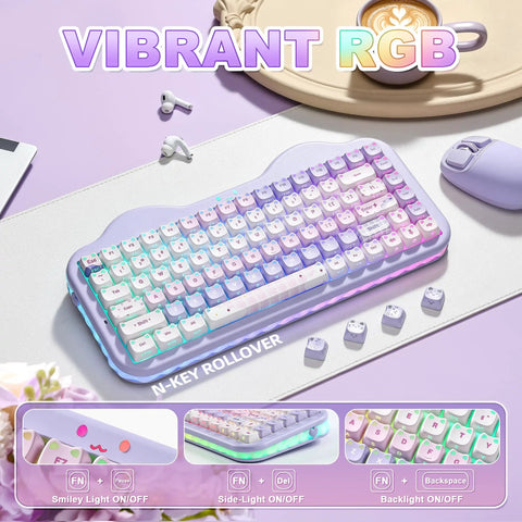 Top Tier Wireless Mechanical Keyboard With Dope Dessert Vibe And Compact 75 Percent Layout Featuring Hot Swap Switches Premium Pbt Keycaps And Butter Smooth Milk Springs For Chill Typing Sessions Or Epic Gaming Runs with vibrant RGB lighting and pastel keycaps.