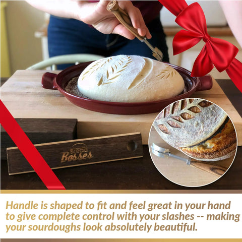 Straight Fire Sourdough Lame Scoring Blade Next Level Dough Cutting Knife For Artisan Bread Making used on dough with zebrawood handle.