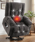Grey power lift recliner with massage and heat for seniors, electric lift chair with USB charging and side pockets, living room setting