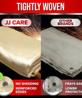 Comparison of two welding blankets showing JJ Care Heavy Duty Fiberglass Welding Blanket 4ft by 6ft, 850GSM Fireproof Pro Grade Heat Shield and other brands.