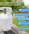 5Lb Steel Propane Tank With Built In Gauge And OPD Valve For Grills And BBQs Camping And Fishing Outdoor Adventures And Tailgating Pre Purged Vacuum Ready To Fill Rust Resistant Powder Coated White Cylinder on wooden table outdoors