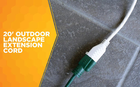 Outdoor Extension Cord For Landscape And Patio Use, Light Duty 16/3 Gauge, 20 Foot Power Cable shown on gray tile surface