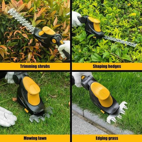 Cordless Hedge Trimmer And Grass Trimmer 2 In 1 For Yard Work 1200 RPM Power To Cut Thick Hedges And Lawn Edges Works With 20V MAX Batteries Battery Not Included Yellow shown trimming shrubs and shaping hedges.