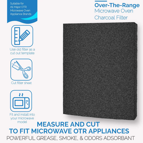 Universal Microwave Charcoal Filter Replacement For Over The Range Hoods Cut To Fit 14.2 By 17.2 By 0.40 Inches Fits Frigidaire Whirlpool GE LG Maytag KitchenAid Reduces Grease Odors Smoke Fumes, shown with instructions for use and fitting.
