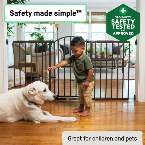 Child with dog by Extra Wide Baby Gate And Dog Gate For Hallways And Large Openings, Fits 44 To 72 Inch Openings, 36 Inch Tall, Hardware Mounted, Sturdy Bronze Finish Safety Gate For Pets And Kids