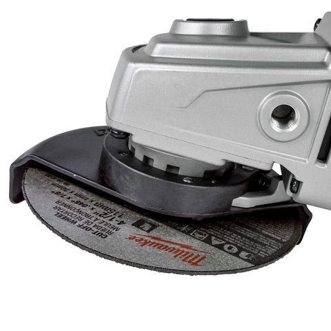 Close-up of grinder with Ten Pack Ultra Thin 045 Inch Metal And Stainless Steel Cutting Wheels For Grinders Four And A Half Inch Flat Cut Off Wheel
