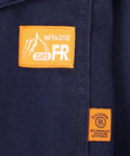 NFPA2112 tag on Men's Flame Resistant Welding Shirt With Pearl Snap Front, 7.5oz 100 Percent Cotton FR Twill, Navy, HRC2