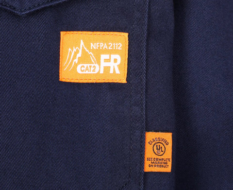 NFPA2112 tag on Men's Flame Resistant Welding Shirt With Pearl Snap Front, 7.5oz 100 Percent Cotton FR Twill, Navy, HRC2