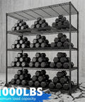 Five Tier Heavy Duty Wire Shelving Unit For Warehouse And Supermarket Built To Last 71 Inch Tall With Extra Shelf 25 Percent More Storage Sturdy Steel Construction Adjustable Shelves For Bulk Stock And Easy Organization, black wire rack with dumbbells