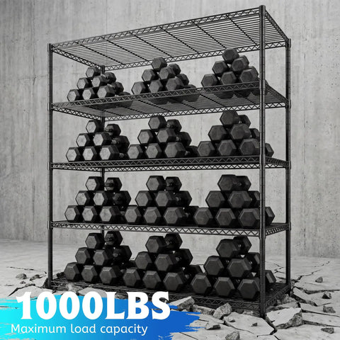 Five Tier Heavy Duty Wire Shelving Unit For Warehouse And Supermarket Built To Last 71 Inch Tall With Extra Shelf 25 Percent More Storage Sturdy Steel Construction Adjustable Shelves For Bulk Stock And Easy Organization, black wire rack with dumbbells