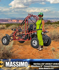Go Kart With 169cc 10 HP Engine, 35 MPH Top Speed, Independent Suspension, Adjustable Seats, Baja Lights, All Terrain Tires, Adult Size for Ages 16 Plus, Red on desert terrain with female rider standing beside it.