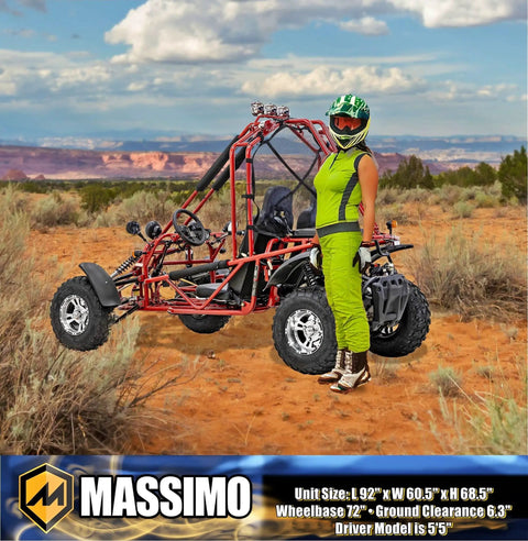 Go Kart With 169cc 10 HP Engine, 35 MPH Top Speed, Independent Suspension, Adjustable Seats, Baja Lights, All Terrain Tires, Adult Size for Ages 16 Plus, Red on desert terrain with female rider standing beside it.
