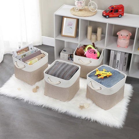 Slick Cube Storage Bins Ditch The Mess Fabric Baskets For Closets And Shelves Foldable Organizer Containers A Clutch Home Stash Box In Light Khaki 13 Inch 3 Pack displayed with various items neatly organized inside.