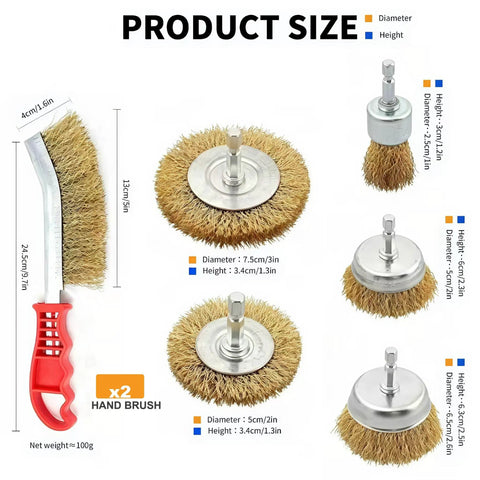 7-Pc Wire Brush Set With One Quarter Inch Hex Shank For Rust And Paint Stripping Featuring Durable Brass Coated Bristles, showing product sizes and dimensions.
