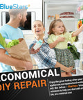 Family in kitchen with BlueStars economical DIY repair sign, referencing HVAC appliance repair solutions.