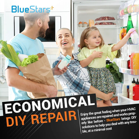 Family in kitchen with BlueStars economical DIY repair sign, referencing HVAC appliance repair solutions.