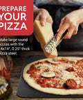 Person grating cheese over pizza on Steel Pizza Stone For Oven And Grill Pro Grade 14 By 14 Inch Carbon Steel Plate.