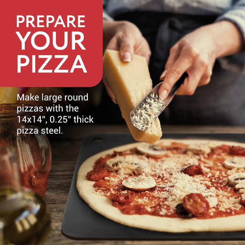 Person grating cheese over pizza on Steel Pizza Stone For Oven And Grill Pro Grade 14 By 14 Inch Carbon Steel Plate.