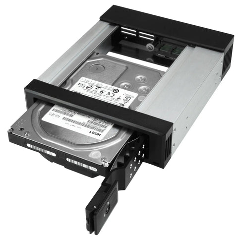Trayless 5.25 Inch To 3.5 Inch Drive Bay For SATA And SAS HDDs And SSDs Aluminum Enclosure Hot Swap Ready Easy Swaps Between Systems Great For IT Pros Needing Quick Drive Transport, open with hard drive