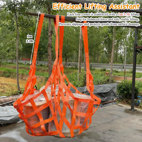 Heavy Duty Cargo Lifting Net For Moving And Construction 6.6 By 6.6 Feet 2204 Lb Load Capacity in use outdoors with orange straps