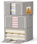 Foldable Metal Frame Storage Bins Set For Clothes And No Fuss Organization, 100L Each, 3 Pack, showing stackable closet boxes