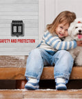 Two Gang Weatherproof Outdoor Outlet Cover for Decorator/GFCI Receptacles, extra duty enclosure shown next to child with dog.