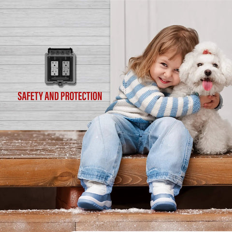 Two Gang Weatherproof Outdoor Outlet Cover for Decorator/GFCI Receptacles, extra duty enclosure shown next to child with dog.