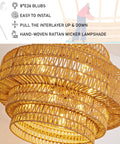 Epic Large Gold Boho Rattan Chandelier With 8 Lights handwoven rattan pendant light close-up view, adjustable height