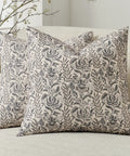 Floral Pillow Covers 18x18 Set Of 2, Neutral Vintage Block Print Cotton Cushion Covers For Sofa Bed And Living Room, Farmhouse Chic Grey Striped Accent Decor, Cozy Vibe Pillow Covers Only; two floral cotton covers on sofa