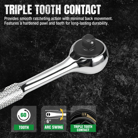 Professional One Quarter Inch Drive Reversible Ratchet built tough with heat treated chrome vanadium and SuperKrome finish, showing triple tooth contact.