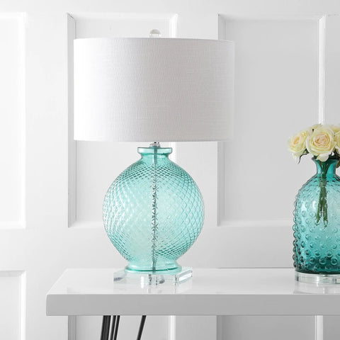 Aqua Diamond Etched Glass And Crystal Table Lamp 26 Inch Tall Coastal Transitional Bedside Light With White Linen Drum Shade LED Bulb Included ETL Listed Energy Saving Modern Home Decor on a white table.