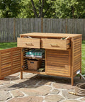 Outdoor Acacia Wood Storage Cabinet With Two Drawers And Double Door Shelf for garden poolside patio weather resistant natural finish