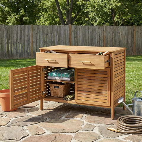 Outdoor Acacia Wood Storage Cabinet With Two Drawers And Double Door Shelf for garden poolside patio weather resistant natural finish