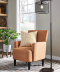 Living room setting with modern industrial metal floor lamp with bronze finish, 61 inch tall, metal mesh drum shade