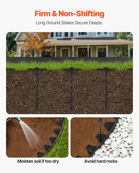 No Dig Garden Edging Border Kit With 60 Spikes, installed in soil showing firmness and resistance, with tips for installation.