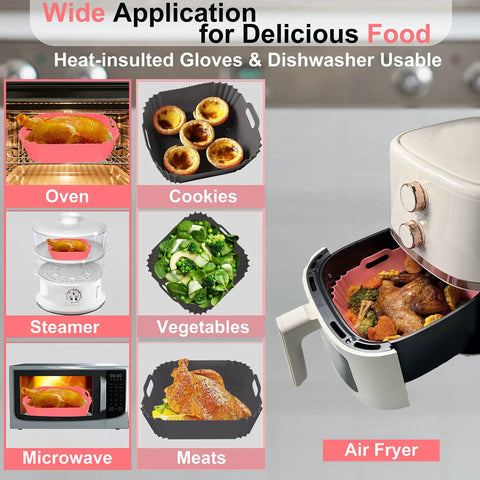 2 Pack 8 Inch Square Air Fryer Silicone Pots with food safe, heat resistant silicone basket liners in various cooking applications.