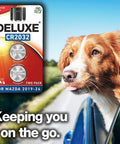 Key Fob Battery Replacement Pack For Mazda Vehicles 2019 Through 2025 shown with happy dog in car