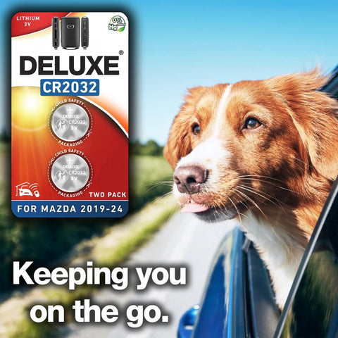 Key Fob Battery Replacement Pack For Mazda Vehicles 2019 Through 2025 shown with happy dog in car