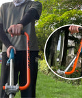 Person using Ergonomic Trimmer Grip With Extension Handle For Weed Wacker And String Trimmer, Easy Install Bracket Clamp Keeps You Standing Tall, Reduces Back Pain And Fatigue For Lawn Care And Landscaping, Orange And Black outdoors.